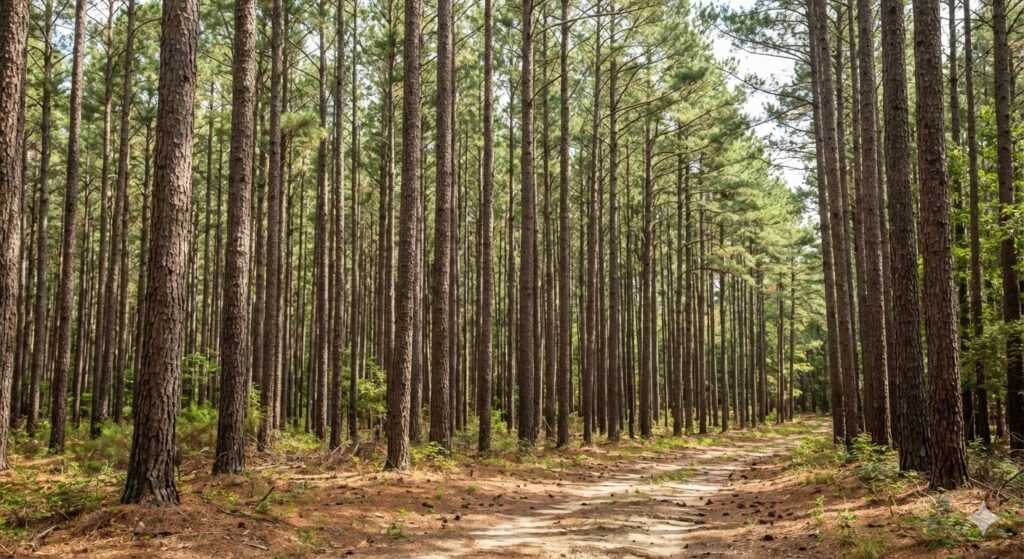 Tall pine trees in a North Carolina forest ready for a timber harvest on vacant land.