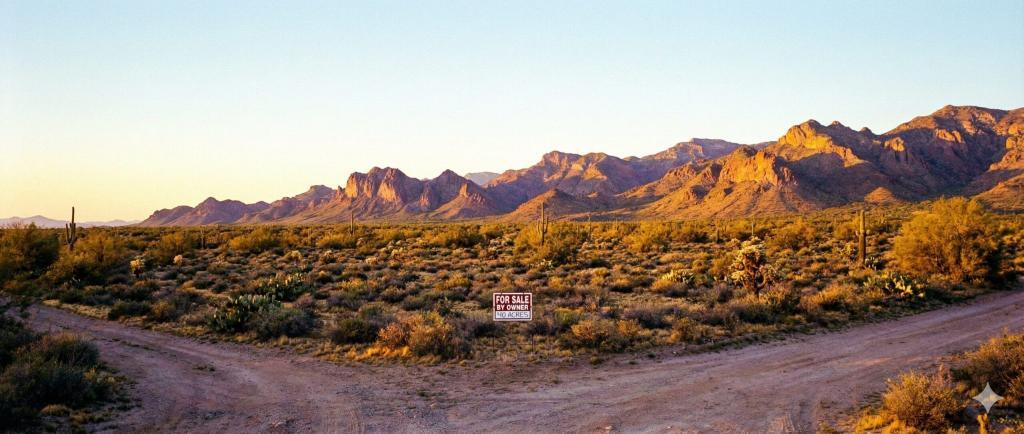 A wide view of a vacant desert land parcel in Arizona with mountains in the background during a golden sunset.