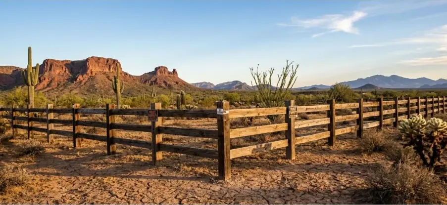 A wooden fence on a desert plot in Arizona showing property boundaries and protection for Arizona Adverse Protection rules.