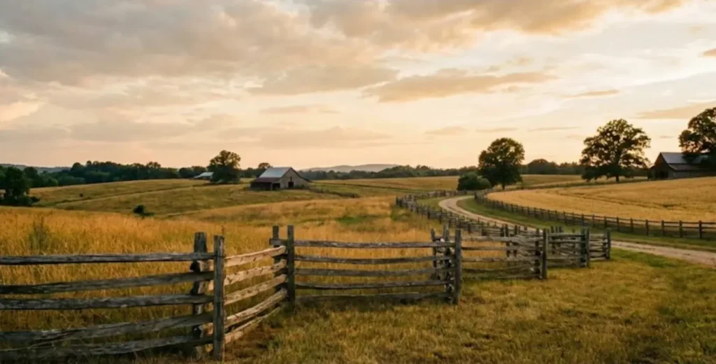 A wide open North Carolina farm field with a wooden fence representing the Present Use Value program.