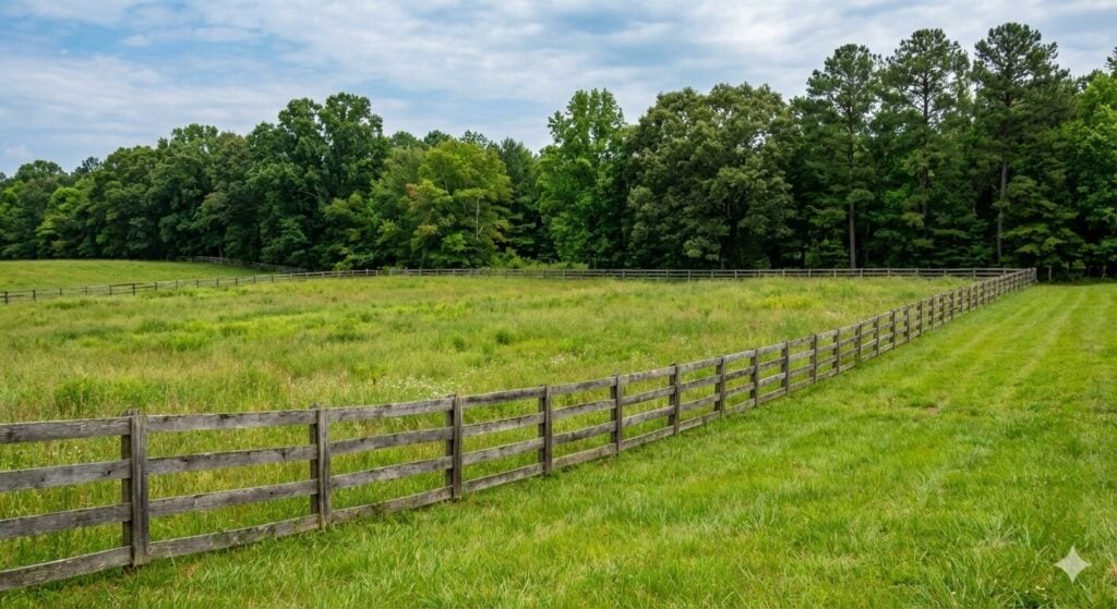 A wooden fence line clearly marking the boundaries of a lush green vacant land parcel in North Carolina.