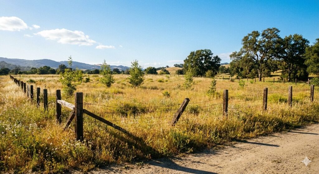 a sunny parcel of land surrounded by a fence, representing how to sell inherited land