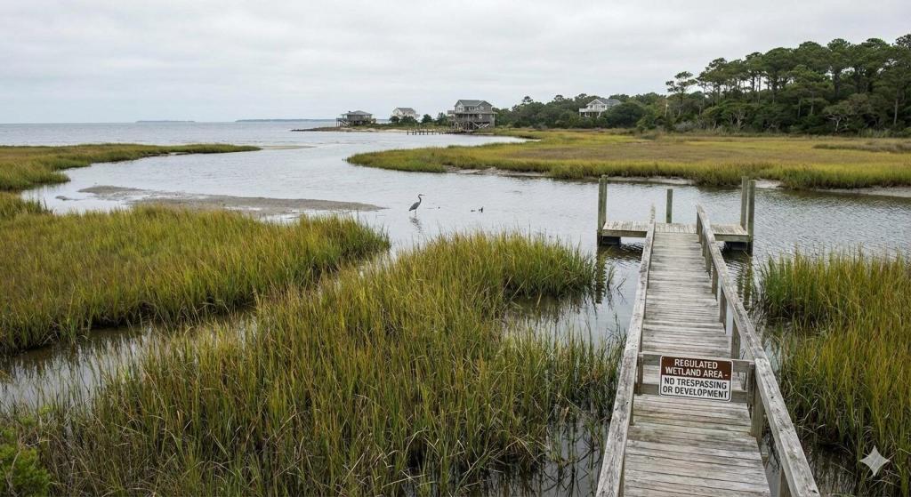 A view of a coastal North Carolina property with marsh grass and water, illustrating regulated wetland areas.