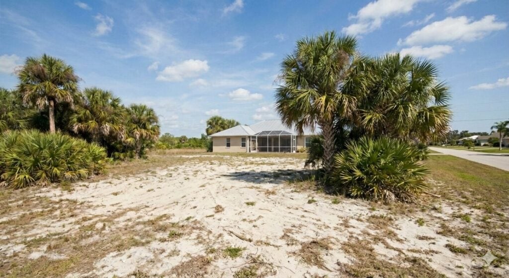 A sunny Florida landscape with a for sale sign on a vacant parcel of land near palm trees, representing selling inherited land in florida