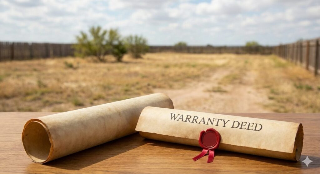 A photo of a legal land deed document with vacant land in the background.