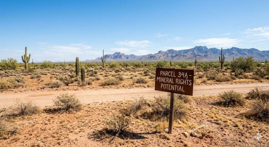 A wide view of Arizona desert land with mountains in the background representing a property with potential mineral rights.