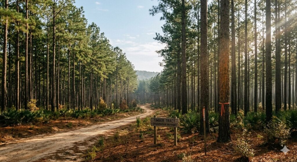 A tall pine forest in Georgia representing valuable timber rights for landowners looking to sell land.
