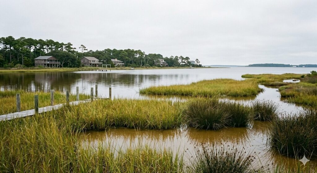 A beautiful view of a North Carolina sound and shoreline where CAMA permits are required for building.
